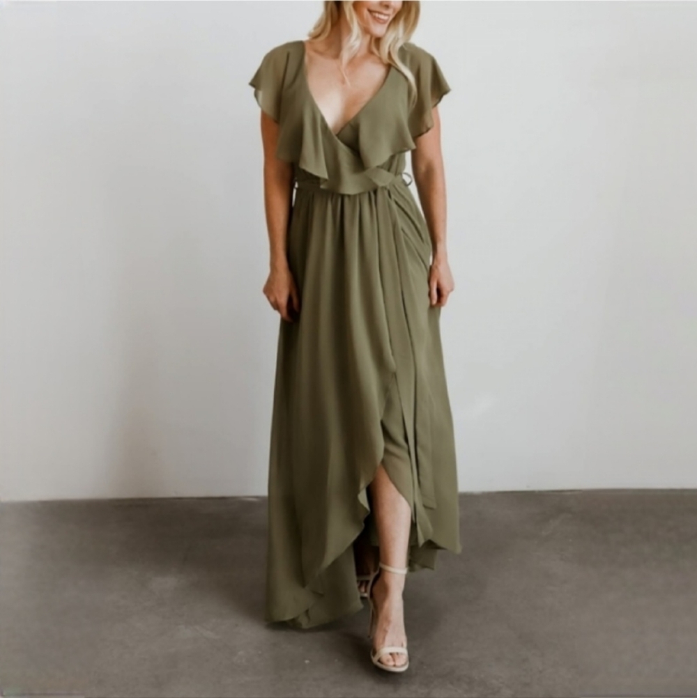 Baltic Born Olive Green Ruffled Wrap Maxi Dress